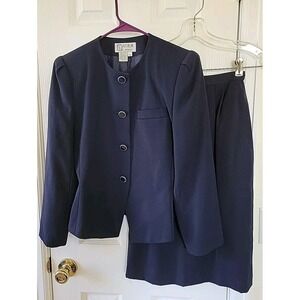 Atrium Petite Skirt Suit Size 5/6 Jacket 3/4 Skirt Blue Pockets Lined Vintage